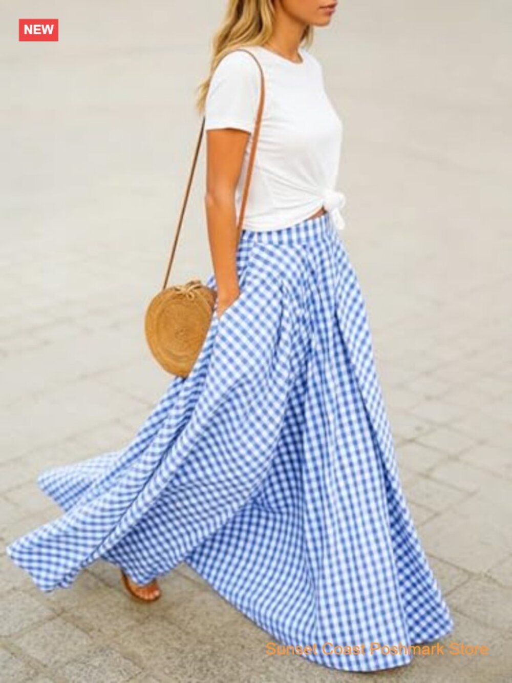 Gingham Maxi Skirt High Waist Pleated A Line Flowy Long Summer - Picture 7 of 7